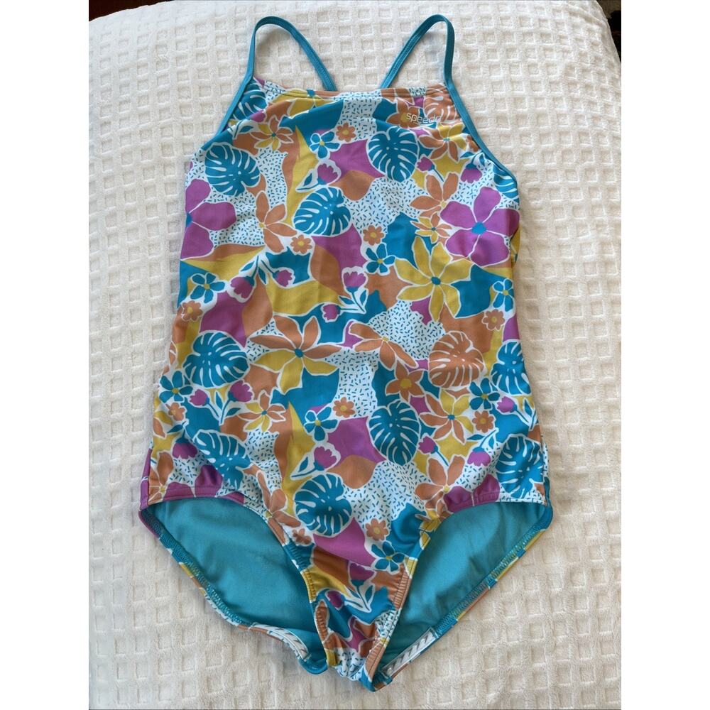 Speedo XL Hawaiian Floral One Piece Racerback Swimsuit Aqua Yellow Teen Girls